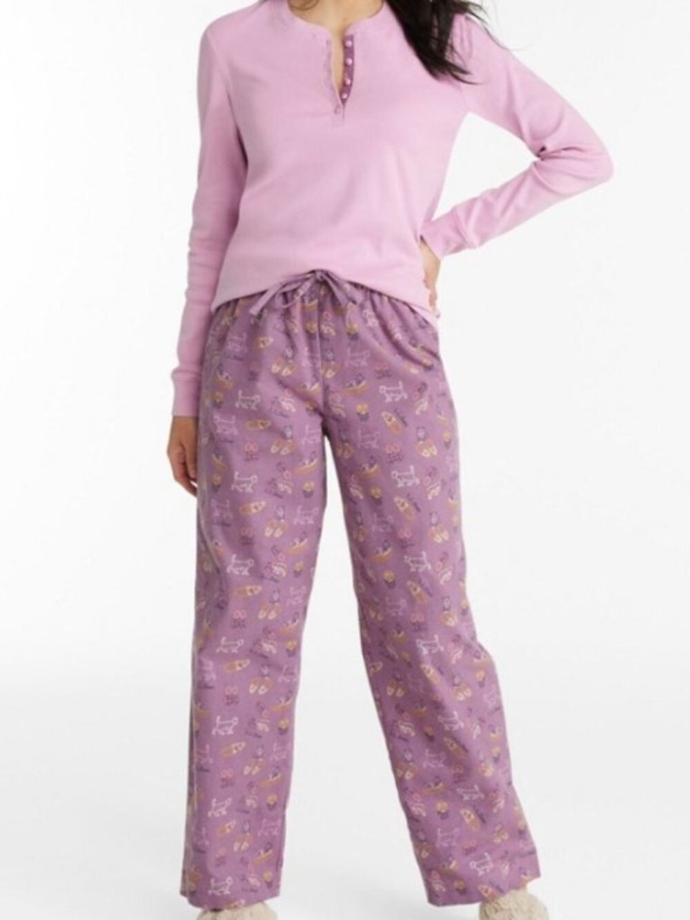 L.L. Bean Cozy Knit Henley Top & Cotton Pajama Pants Set Purple Small